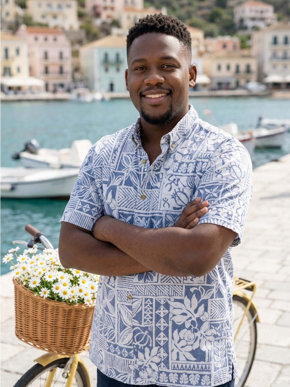 Casual Short-Sleeve Blue & White Printed Button-Down Shirt